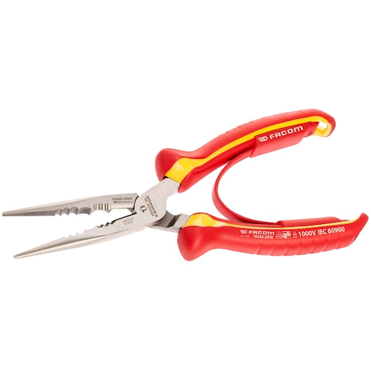 Facom insulated combination pliers with red and yellow handles, photography, SKU 183AE_20VE, side angle.
