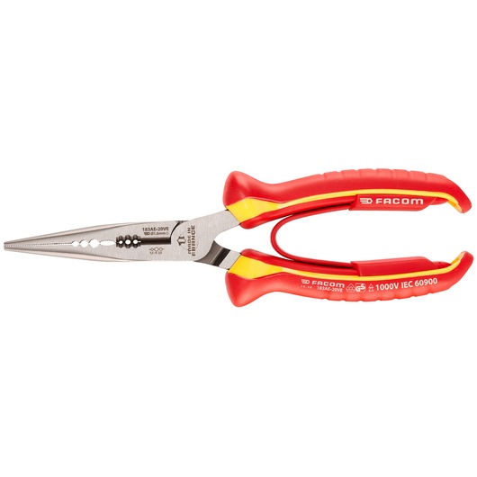 Facom 183AE_20VE insulated long nose pliers with red and yellow handles, side profile on white background.
