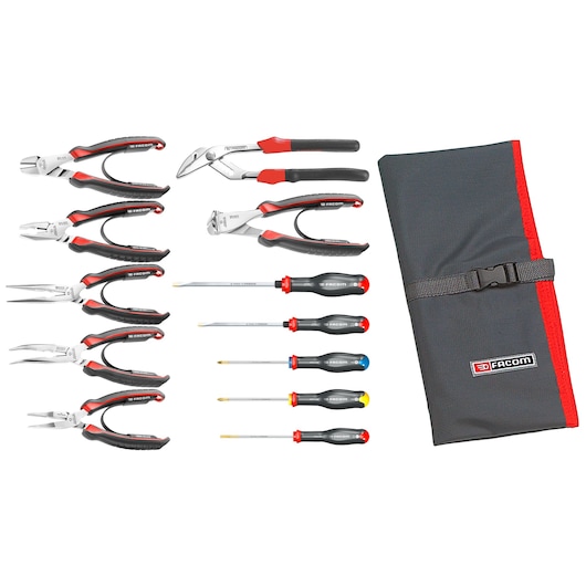 Facom 184J3CPE hand tool set with pliers, screwdrivers, and black roll-up pouch, photographed from above on white background.