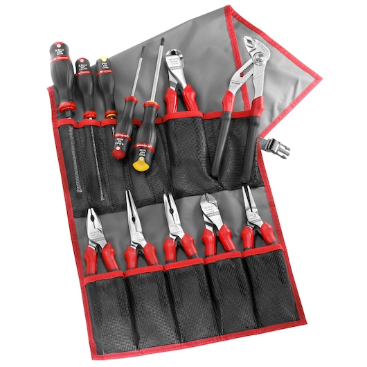 Facom 184J3CPE hand tool set in gray fabric roll-up pouch, includes pliers and screwdrivers, top view.