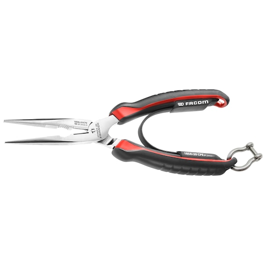 Facom 185_20CPESLS long nose pliers with black and red handles, side angle on white background.