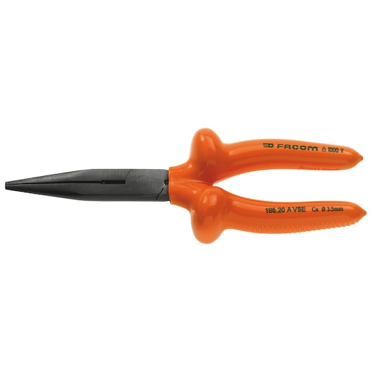 Facom long nose pliers with orange insulated handles, SKU 185_20AVSE, front angle on white background.