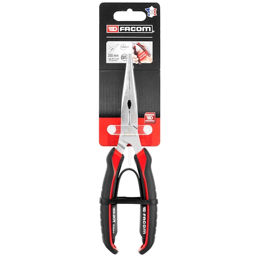 Facom 185A_20CPEPB long nose pliers, 200 mm, black and red handles, front view on white background.