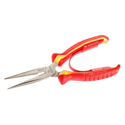 Facom 185A20VE insulated long nose pliers with red and yellow handles, angled view on white background.