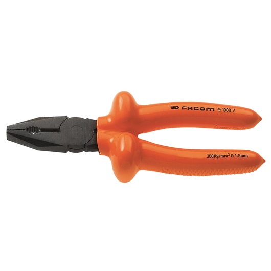 Photo of Facom insulated combination pliers with orange handles, SKU 187_16AVSE, side view, white background.