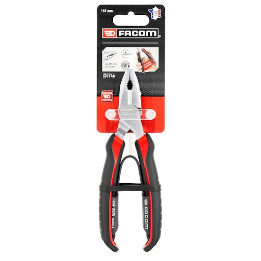 Photo of Facom combination pliers 160mm, model 187A_16CPEPB_P1, black and red ergonomic handles, front angle.
