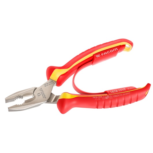 Facom 187A16VE insulated combination pliers, red and yellow handles, angled view, on white background.