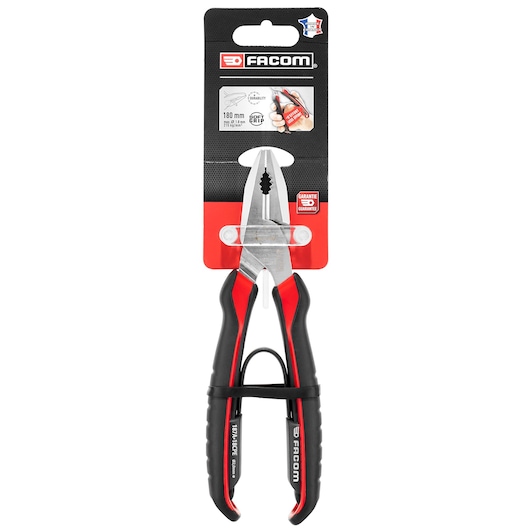 Facom 187A_18CPEPB combination pliers in retail packaging, black and red handles, front angle.