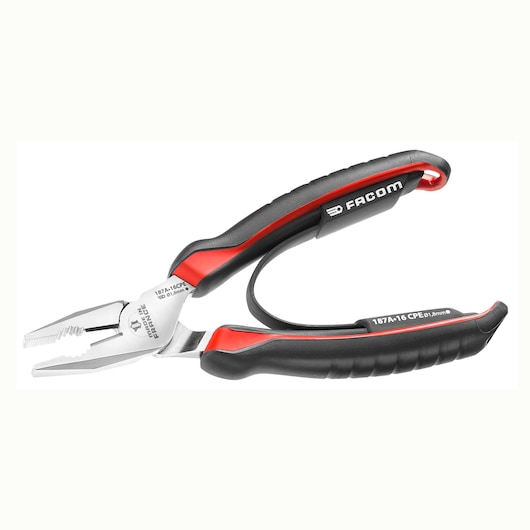Facom combination pliers 187A18CPE with black and red ergonomic handles, white background, side view.