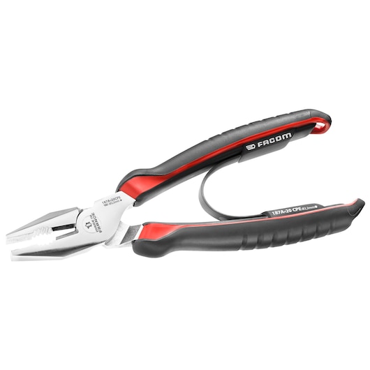 Facom 187A20CPE combination pliers with black and red ergonomic handles, side view on white background.