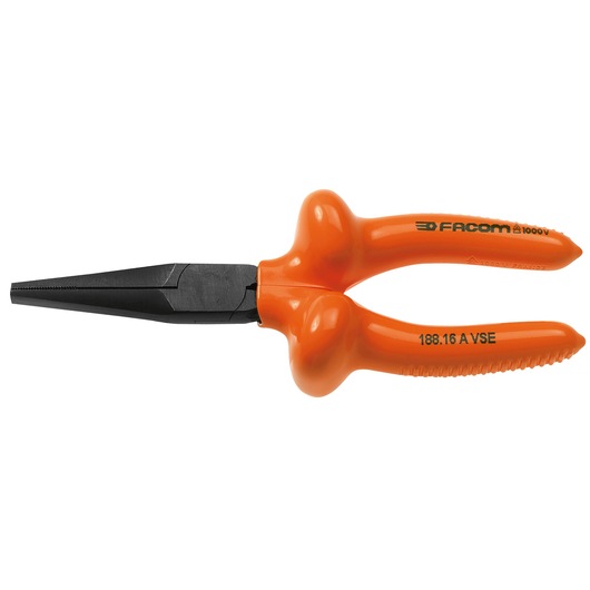 Facom 188_16AVSE insulated long nose pliers with orange handles, side view, photography.
