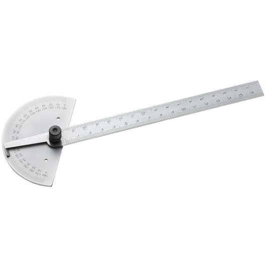Facom 188500 stainless steel protractor and ruler, angled top view on white background.
