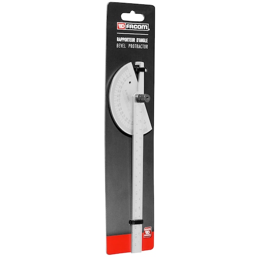 Facom 188500 bevel protractor in packaging, silver metal tool with angular scale, front view on white background.