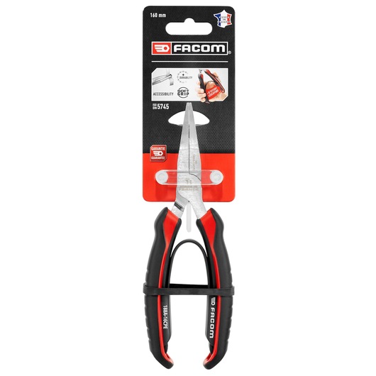 Facom 188A_16CPEPB long nose pliers with black and red handle, front angle, photographed on white background.