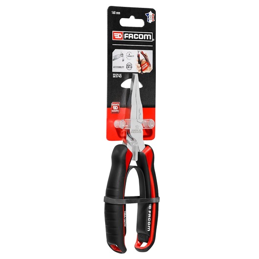 Facom 188A_16CPEPB long nose pliers with black and red handles, front angle on white background.