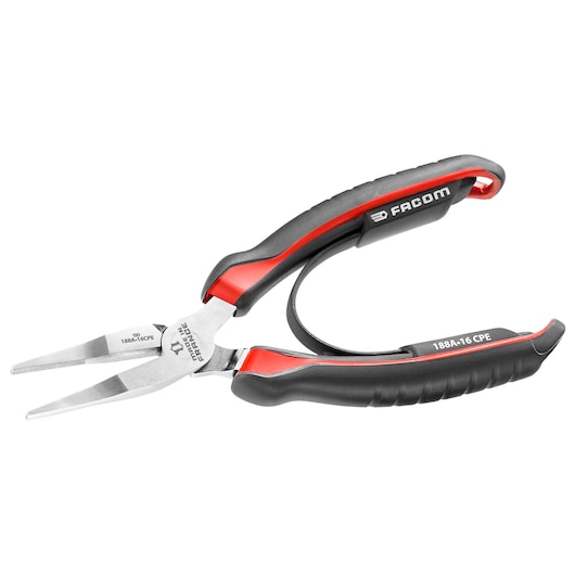 Facom 188A16CPE long nose pliers with red and black ergonomic handles, side angle, white background.