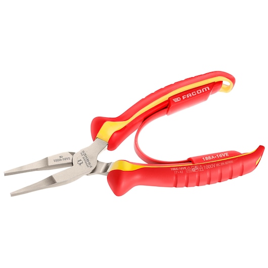 Facom 188A_16VE insulated long nose pliers with red and yellow handles, left side view on white background.