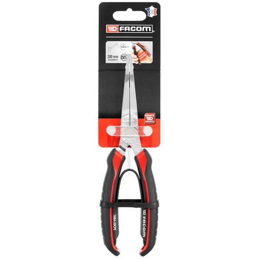 Facom FLAT_NOSE_PLIER_200MM pliers with black and red handles, packaged, product photo front angle.
