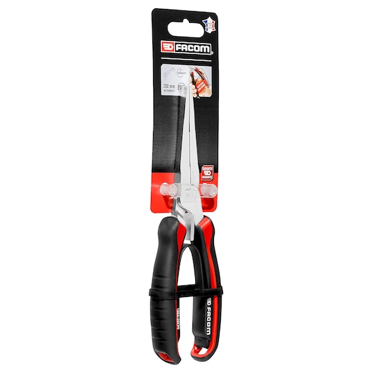 Photo of Facom 200mm flat nose plier FLAT_NOSE_PLIER_200MM with black and red handle, packaging front angle.