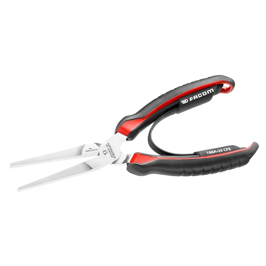 Facom 188A20CPE long nose pliers with black and red ergonomic handles, side angle on white background.