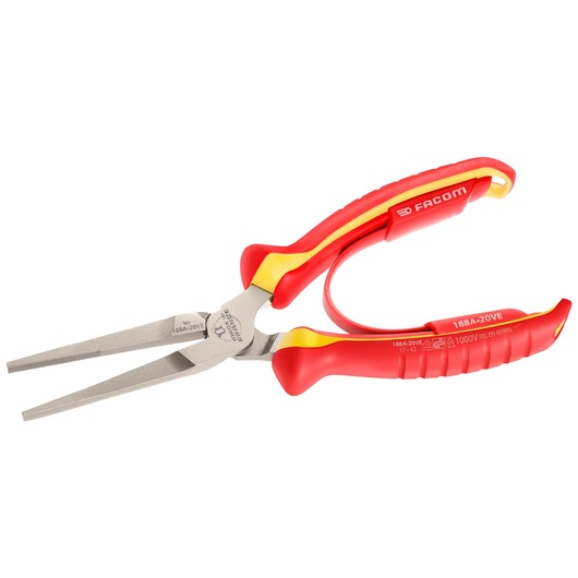 Facom insulated long nose pliers with red and yellow handles, SKU 188A_20VE, front angle on white background.