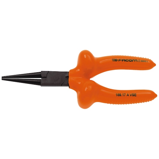 Facom 189_17AVSE insulated long nose pliers with orange handles, side view on white background.
