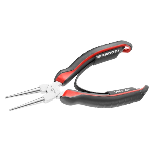 Facom 189A17CPE round nose pliers with black and red ergonomic handles, side angle photo.