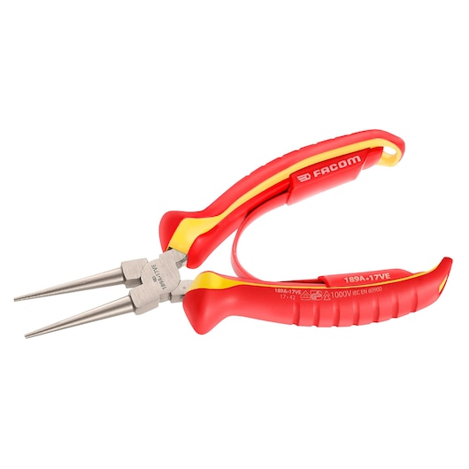 Facom 189A_17VE insulated long nose pliers with red and yellow ergonomic handles, side angle on white background.