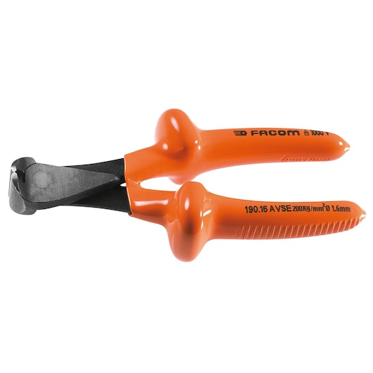Facom 190_16AVSE insulated orange-handled diagonal cutting pliers, side view, on white background.