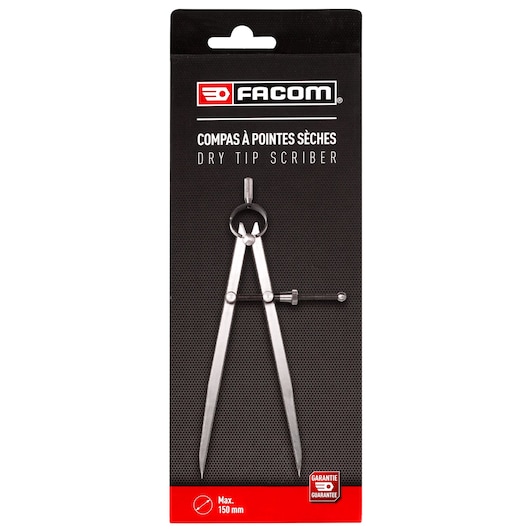 Photo of Facom 1901.05PB dry tip scriber compass, silver metal, packaged, front angle.
