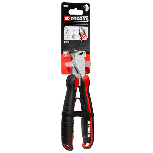 Photo of Facom end cutting pliers 190A_16CPEPB with black and red handles, retail packaging, front view.