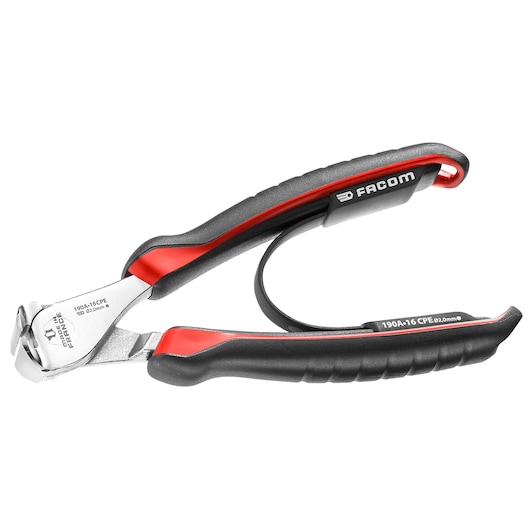 Facom 190A_16CPE side cutters with black and red handles, product photography, angled on white background.
