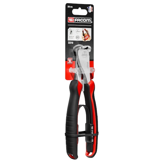 Facom 200mm end nipper pliers with black and red handles, packaged, front angle END_NIPPER_PLIER_200MM