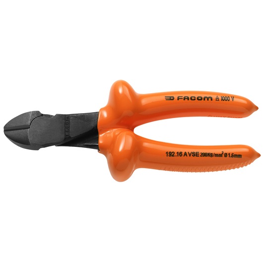 Facom 192_18AVSE insulated diagonal cutting pliers with orange handles, side angle on white background.