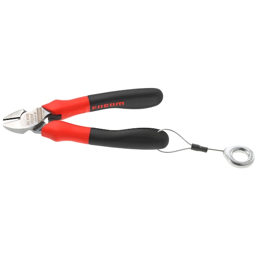Facom side cutter pliers with black and red handles, safety tether, SKU 192_20CPESLS, product side angle.