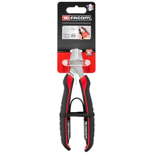 Photo of Facom side cutters pliers PLIER_SIDE_CUTTERS, black and red ergonomic handles, front view on white.