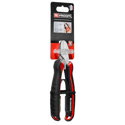 Photo of Facom PLIER_SIDE_CUTTERS 192A_16CPEPB_P2 side cutters with black and red handles in retail packaging, front view.