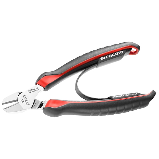 Photo of Facom 192A16CPE diagonal cutting pliers with black and red handles, side angle, white background.