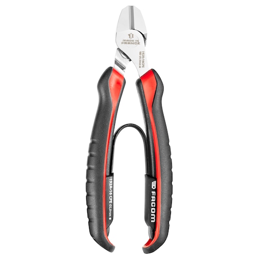 Facom 192A16CPE diagonal cutting pliers, black and red handles, front angle, white background.