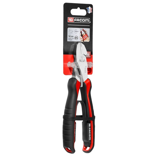 Facom diagonal cutting pliers 180mm with black and red handles, retail packaging, front view, MECH_DIAGONAL_CUTTING_PLR_180MM