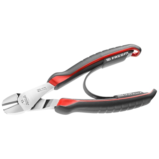 Facom 192A20CPE diagonal cutting pliers with black and red ergonomic handles, side angle, white background.