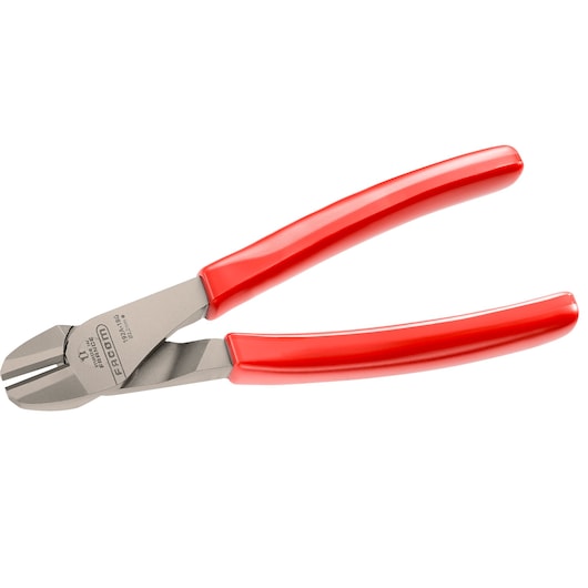 Facom 192A20G diagonal cutting pliers with red handles, side view, on white background.