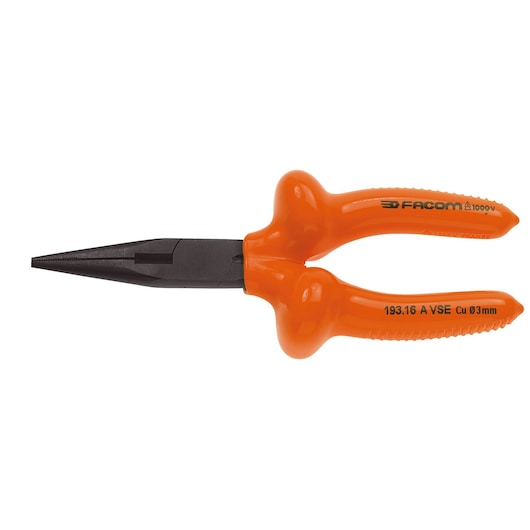 Facom 193_16AVSE long nose pliers with insulated orange handles, right side view on white background.