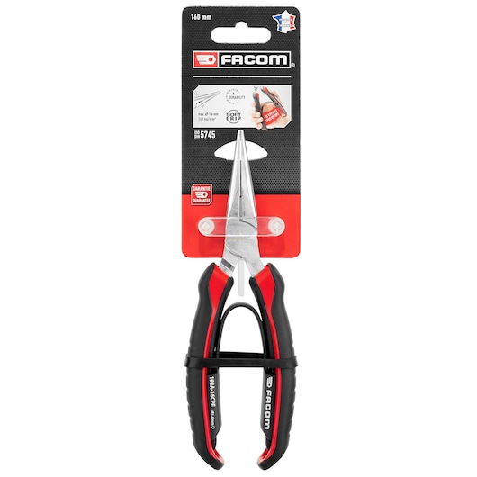 Facom HALF-RND_STRAIGHT_NOSE_PLR_160MM pliers with black and red ergonomic handles, front angle on white background.