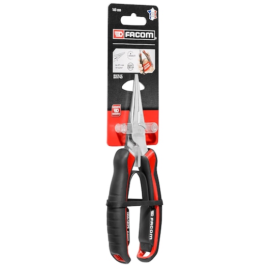 Facom HALF-RND_STRAIGHT_NOSE_PLR_160MM long nose pliers with black and red handles, front view.