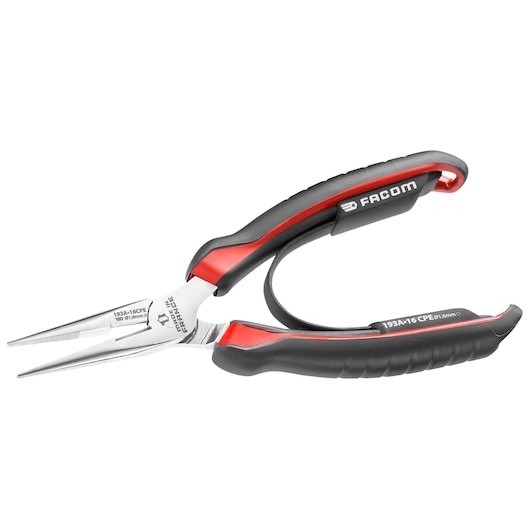 Facom 193A_16CPE long nose pliers with black and red ergonomic handles, side view, white background.