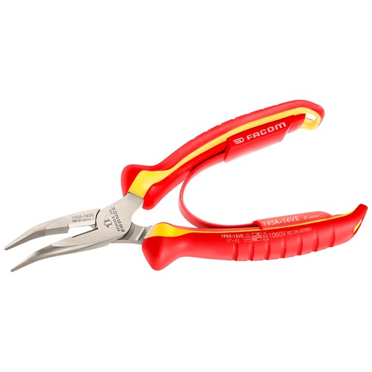 Facom 193A_16VE insulated long nose pliers, red and yellow handles, side angle, photography.