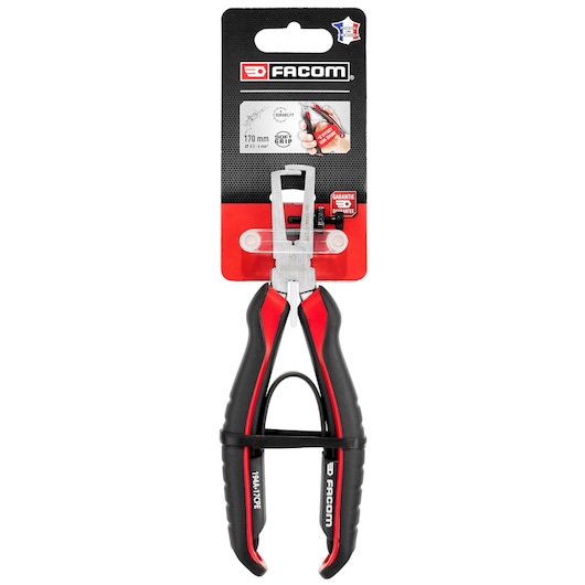 Facom 194A_17CPEPB side cutting pliers, black and red handles, packaging, front view.