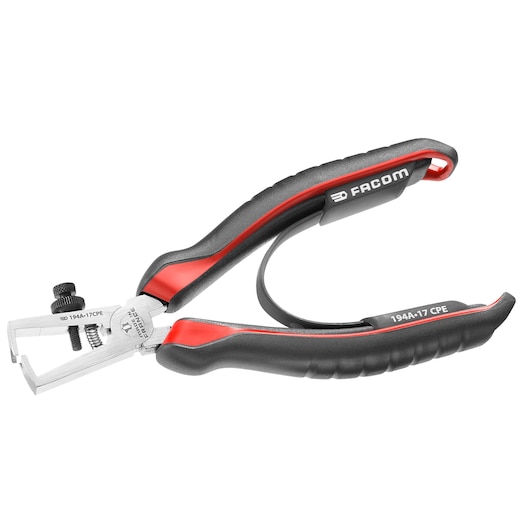 Facom wire stripper with black and red ergonomic handles, photography of 194A_17CPE, side angle.