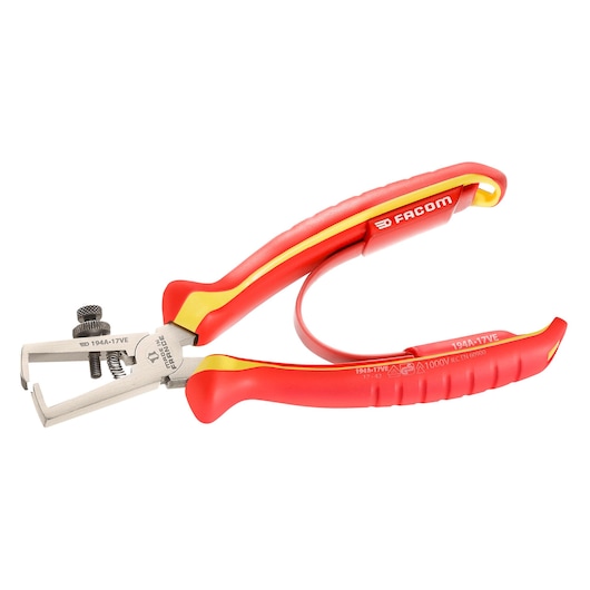 Facom 194A17VE insulated wire stripper with red and yellow ergonomic handles, side angle on white background.